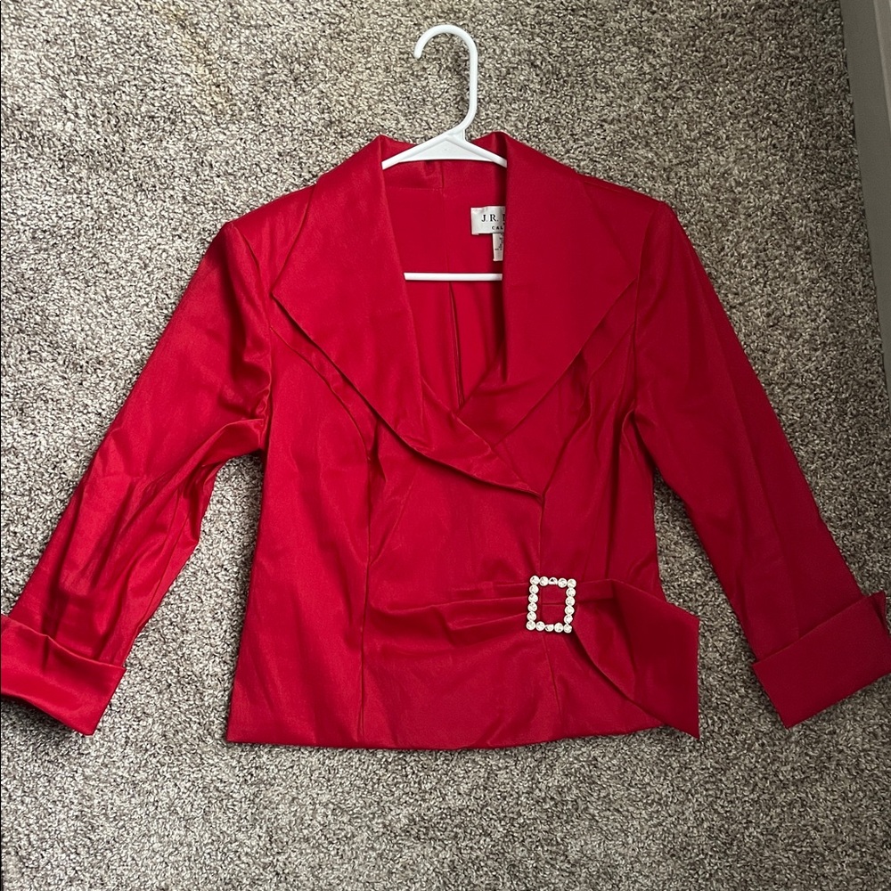 Chic Red Women's Blazer with Pearl Buckle